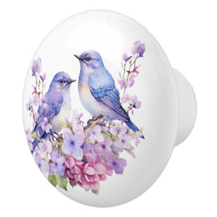 Bouton De Porte En Céramique Aquarelle Bluebirds et fleurs de cerisiers
