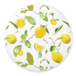 Bouton De Porte En Céramique Aquarelle Citron et Feuilles 2