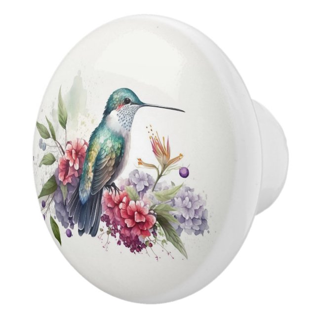 Bouton De Porte En Céramique Aquarelle Colibri et fleurs (Droite)