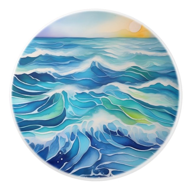 Bouton De Porte En Céramique Aquarelle des vagues sous le soleil (Devant)