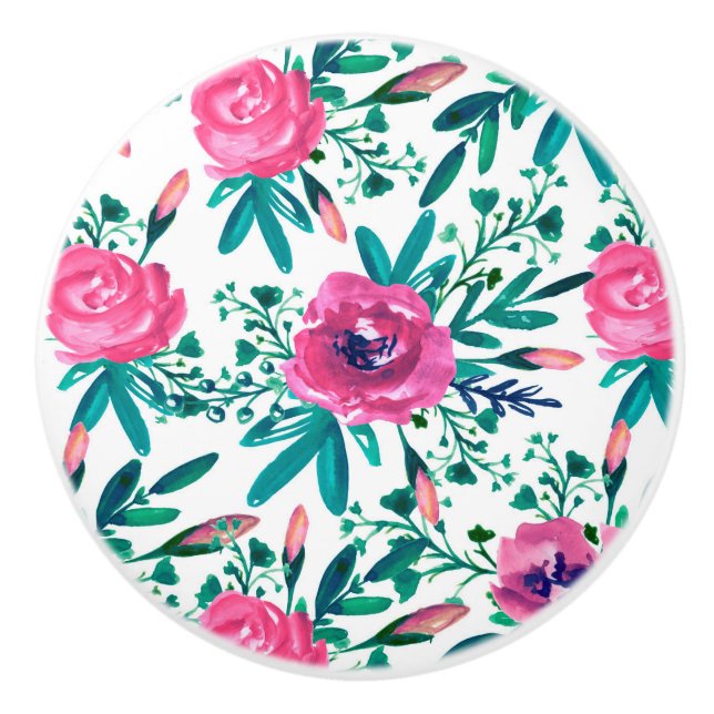 Bouton De Porte En Céramique Aquarelle Fleurs Et Bufs Roses (Devant)