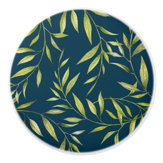 Bouton De Porte En Céramique Aquarelle Golden Green Laurel Motif Feuille (Devant)