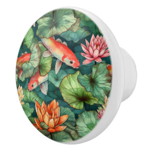 Bouton De Porte En Céramique Aquarelle Koi et Lys d'eau Ceramic Knob