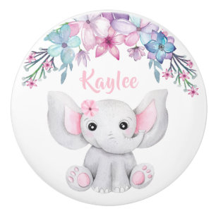 Bouton De Porte En Céramique Aquarelle mignonne bébé éléphant pour fille
