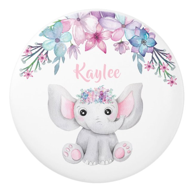 Bouton De Porte En Céramique Aquarelle mignonne bébé éléphant pour fille (Devant)