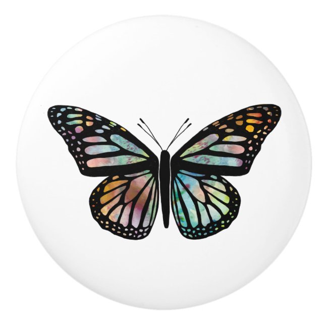 Bouton De Porte En Céramique Aquarelle Monarque Papillon coloré (Devant)