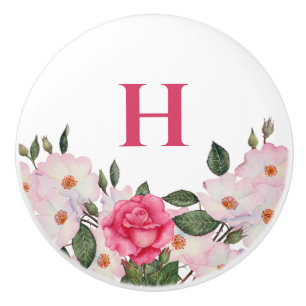 Bouton De Porte En Céramique Aquarelle Monogramme Roses blanches roses douces r