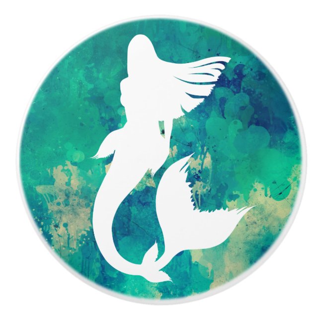 Bouton De Porte En Céramique Aquarelle Océan teintes Sirène Silhouette (Devant)