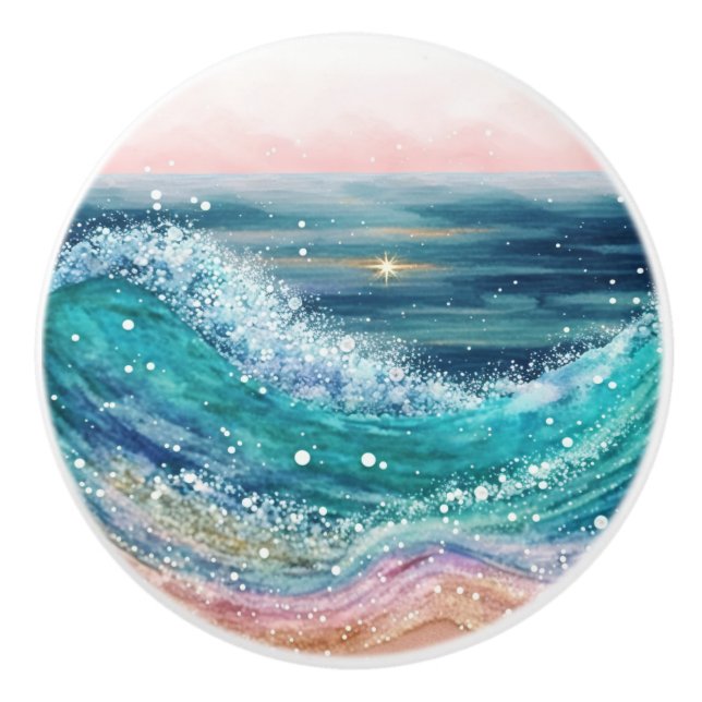Bouton De Porte En Céramique Aquarelle Ocean Waves (Devant)