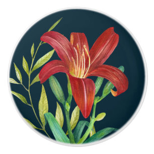 Bouton De Porte En Céramique Aquarelle Orange Lily Illustration Bleu foncé