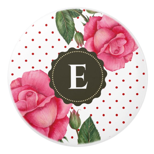 Bouton De Porte En Céramique Aquarelle personnalisée Roses roses rose Monogramm (Devant)
