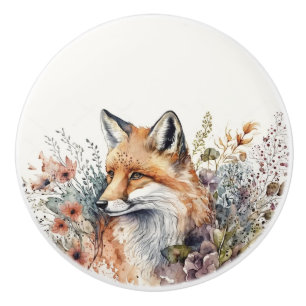 Bouton De Porte En Céramique Aquarelle Renard rouge en Fleur sauvage