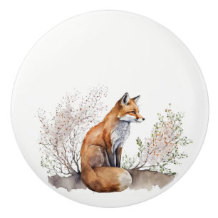 Bouton De Porte En Céramique Aquarelle Renard rouge en Fleur sauvage