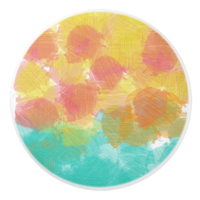 Bouton De Porte En Céramique Aquarelle rose jaune turquoise charme (Devant)