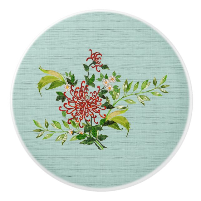 Bouton De Porte En Céramique Aquarelle Rouge Gerbera Daisy avec verdure (Devant)