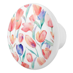 Bouton De Porte En Céramique Aquarelle Tulips Motif ceramique Knob