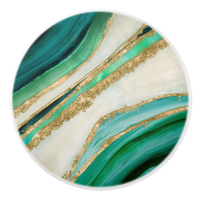 Bouton De Porte En Céramique Aquarelle vert émeraude et or (Devant)