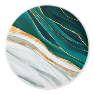 Bouton De Porte En Céramique Aquarelle verte, turquoise et or de minuit