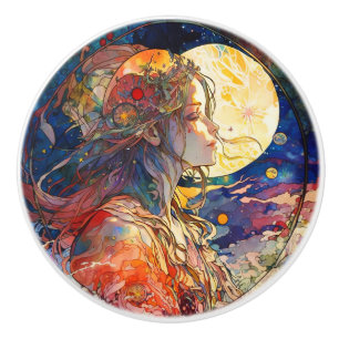 Bouton De Porte En Céramique Aquarelle vibrante de Fille & Lune Ceramic Knob