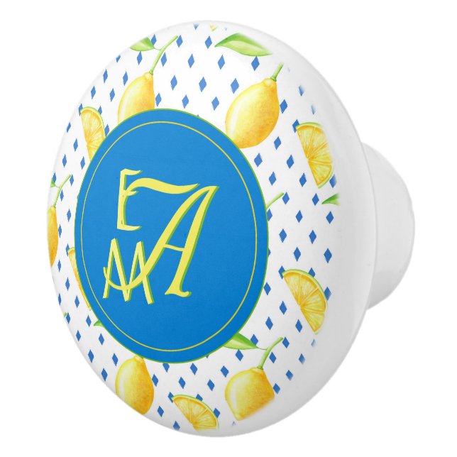 Bouton De Porte En Céramique Arbre de citron monogramme Décor Royal Blue (Droite)