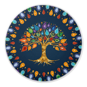 Bouton De Porte En Céramique Arbre de vie - Geode Agate Feuilles