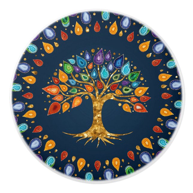 Bouton De Porte En Céramique Arbre de vie - Geode Agate Feuilles (Devant)