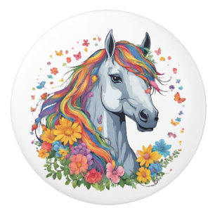 Bouton De Porte En Céramique Arc-en-ciel Blanc Horse Fleurs Colorful Salle pour