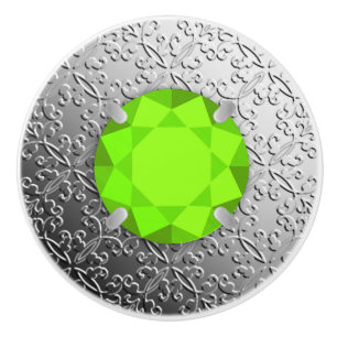 Bouton De Porte En Céramique Argent Damask avec un faux gemstone de peridot