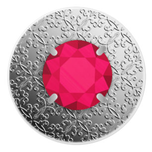Bouton De Porte En Céramique Argent Damask avec un faux gemstone de rubis