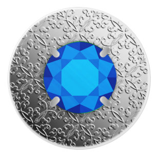 Bouton De Porte En Céramique Argent Damask avec un faux gemstone saphir