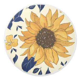Bouton De Porte En Céramique Armoire, Bleu et Jaune, Fleurs de soleil
