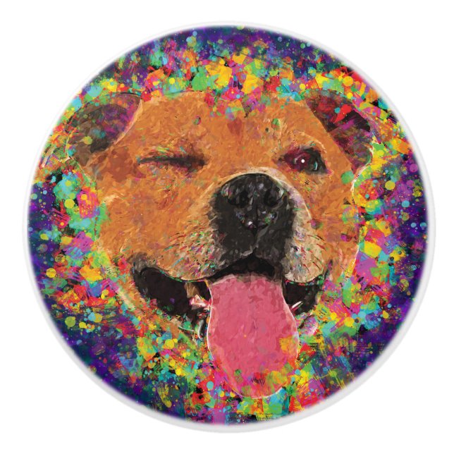 Bouton De Porte En Céramique Art de bruit heureux de pitbull (Devant)
