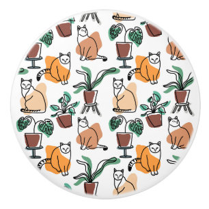 Bouton De Porte En Céramique Art de trait dessin chats et fleurs