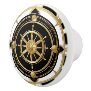 Bouton De Porte En Céramique Art Déco Bateau Roue Noir Blanc Or Nautique