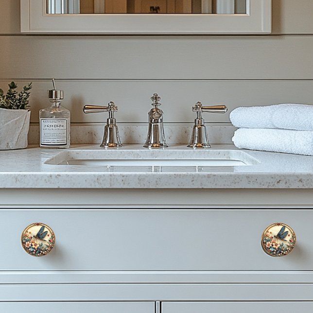 Bouton De Porte En Céramique Art Déco Blue Dragonfly Pink Flowers Pearls (Créateur téléchargé)