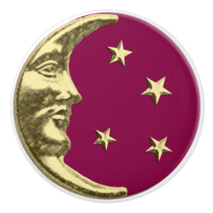 Bouton De Porte En Céramique Art Déco Lune et étoiles - Bourgogne et or