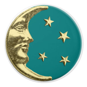 Bouton De Porte En Céramique Art Déco Lune et étoiles - Turquoise et or