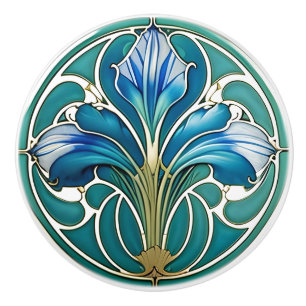 Bouton De Porte En Céramique Art Déco Lys stylisé bleu 2