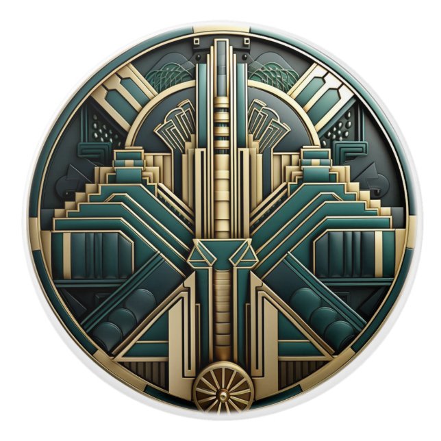 Bouton De Porte En Céramique Art Déco Turquoise Gold & Black Geométrique (Devant)