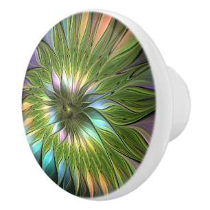Bouton De Porte En Céramique Art Fractal Fleur Imaginaire Coloré Lumineux