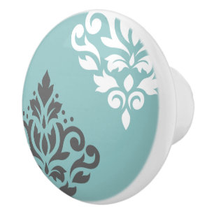Bouton De Porte En Céramique Art I de damassé de rouleau blanc et gris sur Teal