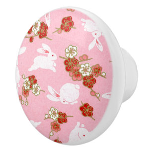 Bouton De Porte En Céramique Art japonais : Sakuras et lapins roses Ceramic Kno
