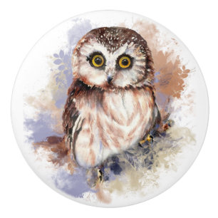 Bouton De Porte En Céramique Art mignon de nature d'oiseau de hibou d'aquarelle