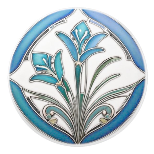 Bouton De Porte En Céramique Art Nouveau Bleu Stylisé Lily (Devant)