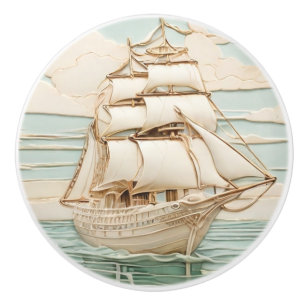 Bouton De Porte En Céramique Art Nouveau Faux Relief Antique Voilier Océan Navi