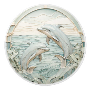 Bouton De Porte En Céramique Art Nouveau Faux Relief Dolphins Mint Bleu & Blanc