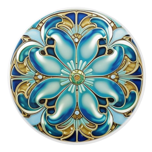 Bouton De Porte En Céramique Art Nouveau Gold Aqua Bleu Géométrique (Devant)