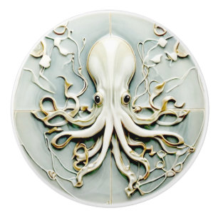 Bouton De Porte En Céramique Art Nouveau Octopus Faux Relief Gold & Mint Pastel
