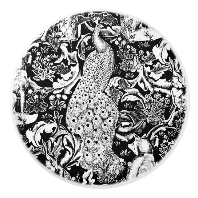 Bouton De Porte En Céramique Art Nouveau Peacock Print, noir et blanc (Devant)