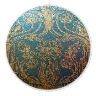 Bouton De Porte En Céramique Art Nouveau, turquoise et or, turquoise, or, flora